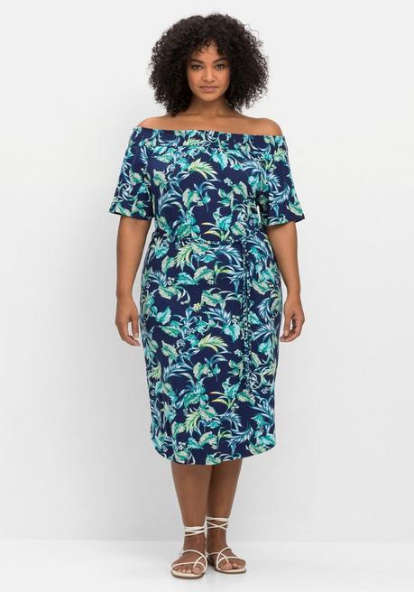 Jerseykleid mit Blätterprint und Carmenausschnitt - marine bedruckt - 40