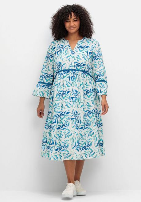 Kleid in A-Linie, mit Blätterprint und Hohlsaumspitze - weiß gemustert - 40