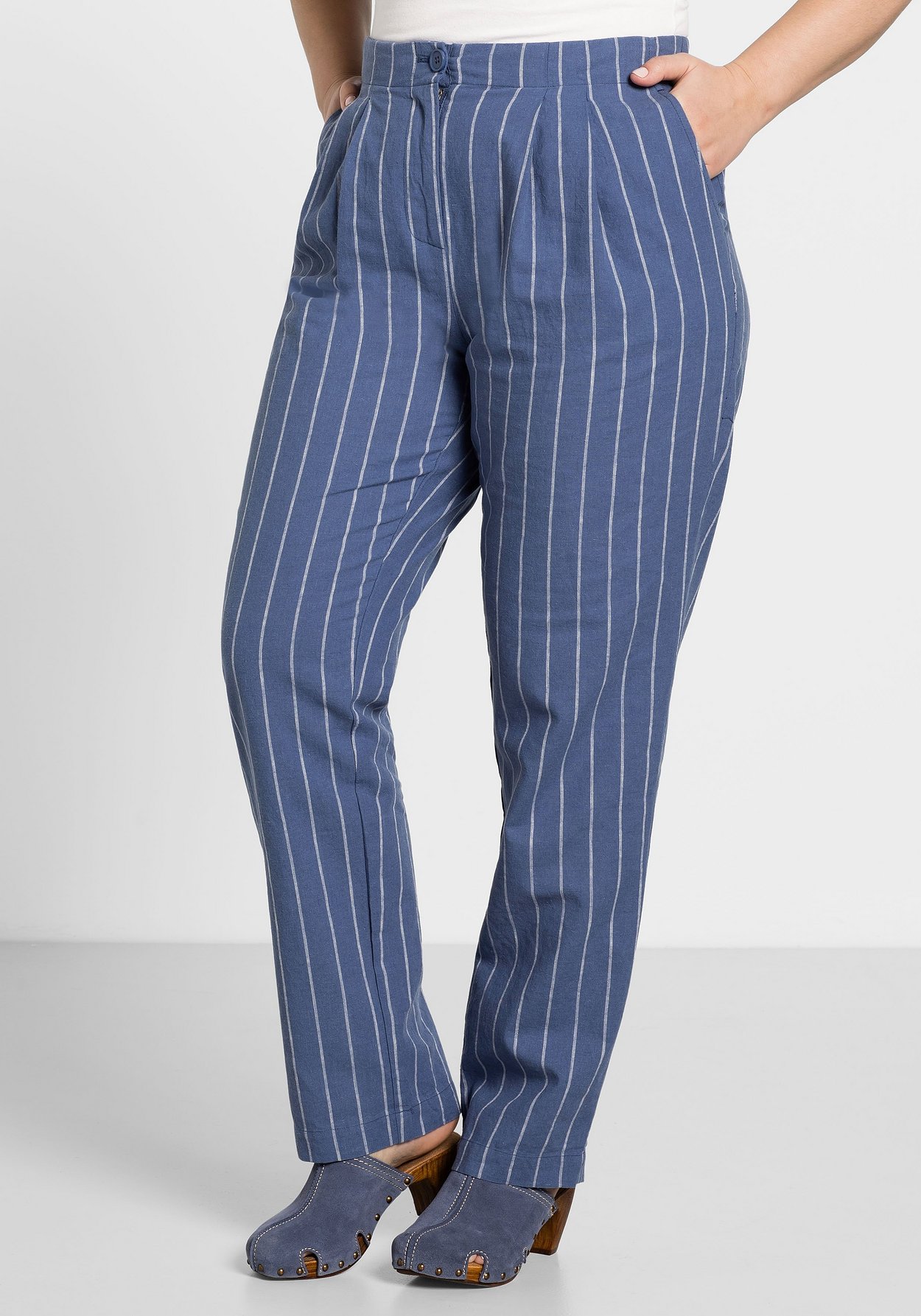 Gerade Hose aus Leinen Mix rauchblau offwhite | sheego Gerade Hose aus Leinen Mix rauchblau offwhite | sheego