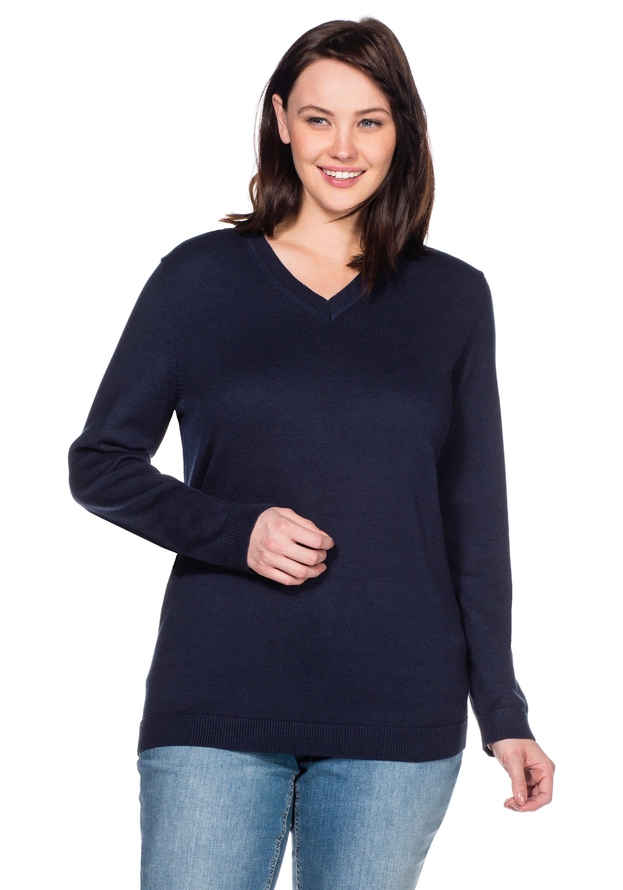 sheego Pullover aus Feinstrick mit V-Ausschnitt - marine sheego