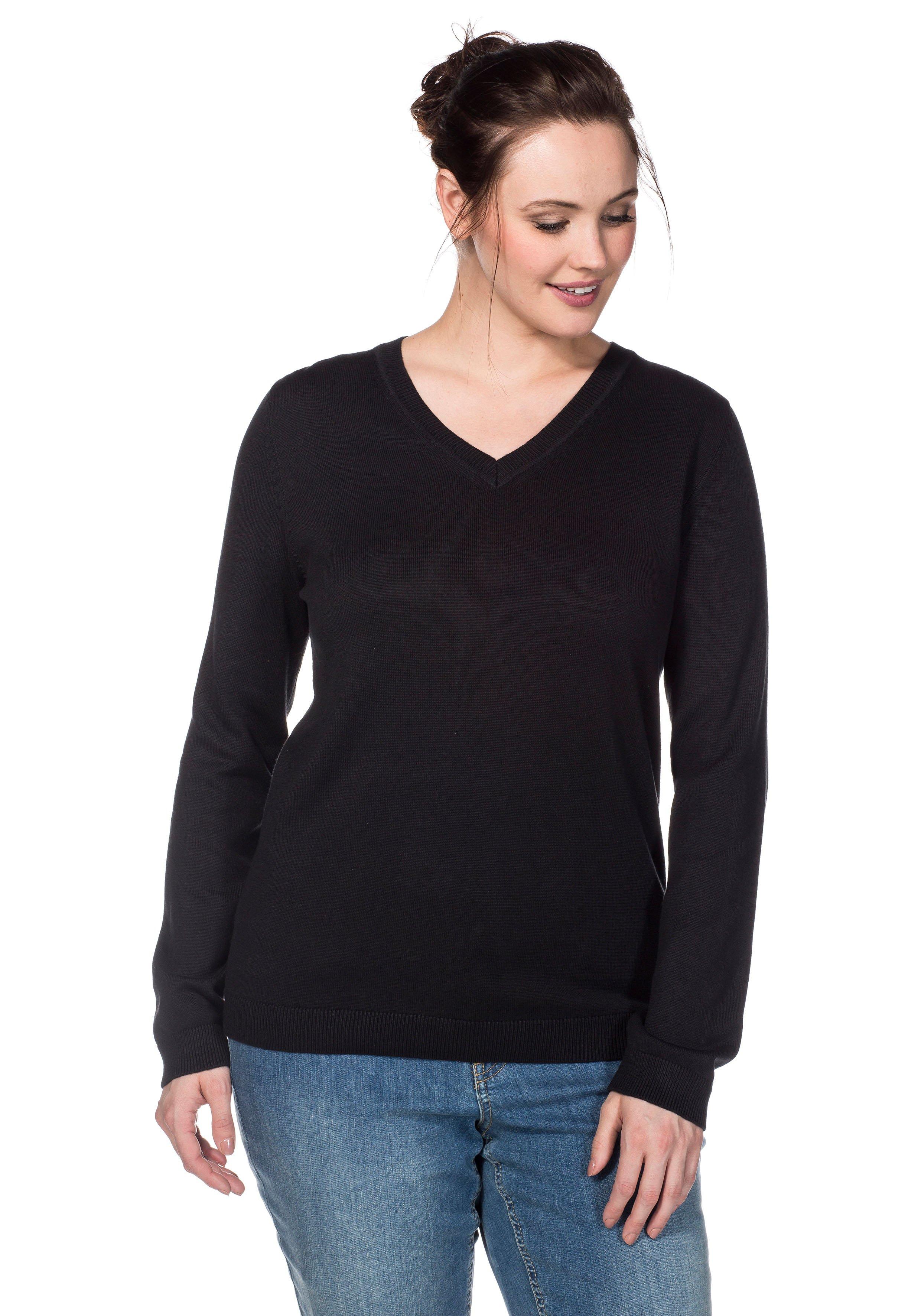 sheego Pullover aus Feinstrick mit V-Ausschnitt - schwarz sheego