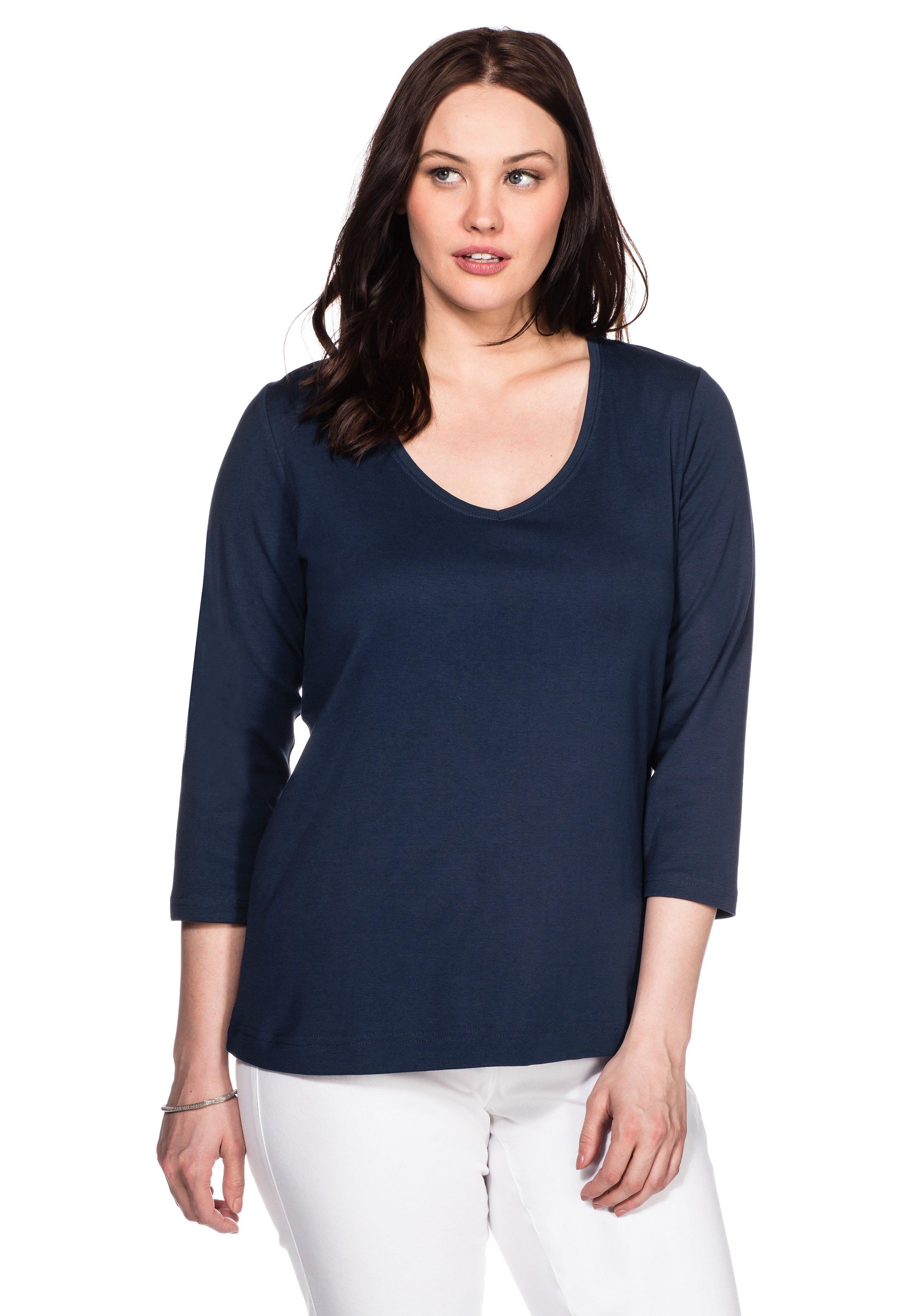 sheego Shirt mit 3/4-Arm und V-Ausschnitt, in Rippqualität - marine sheego