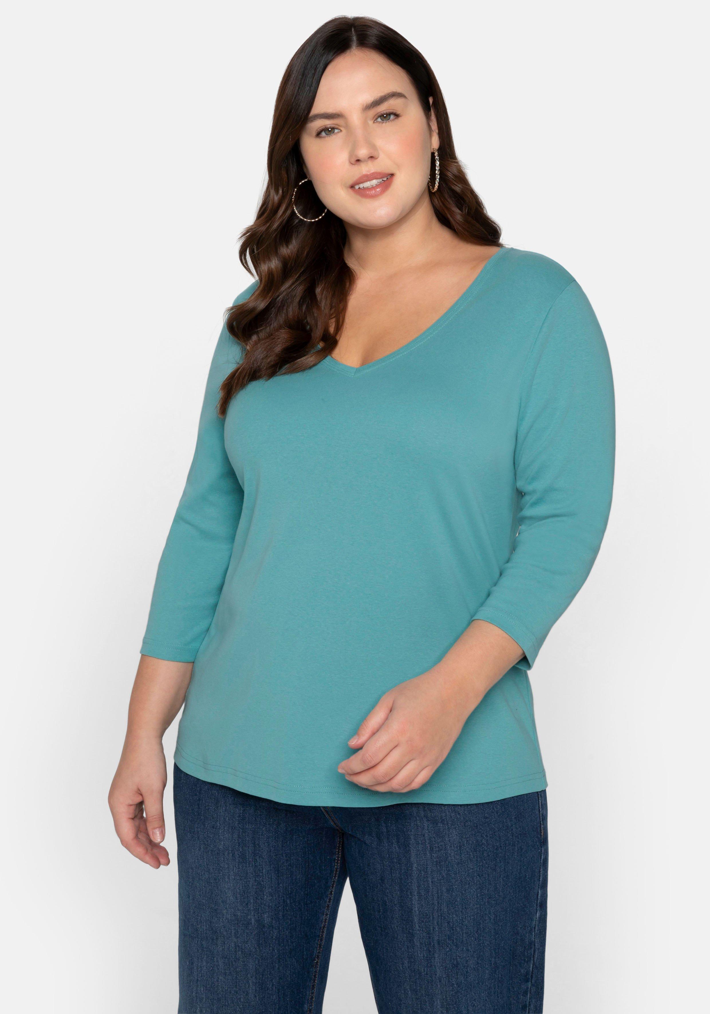 sheego Shirt mit 3/4-Arm und V-Ausschnitt, in Rippqualität - aqua sheego