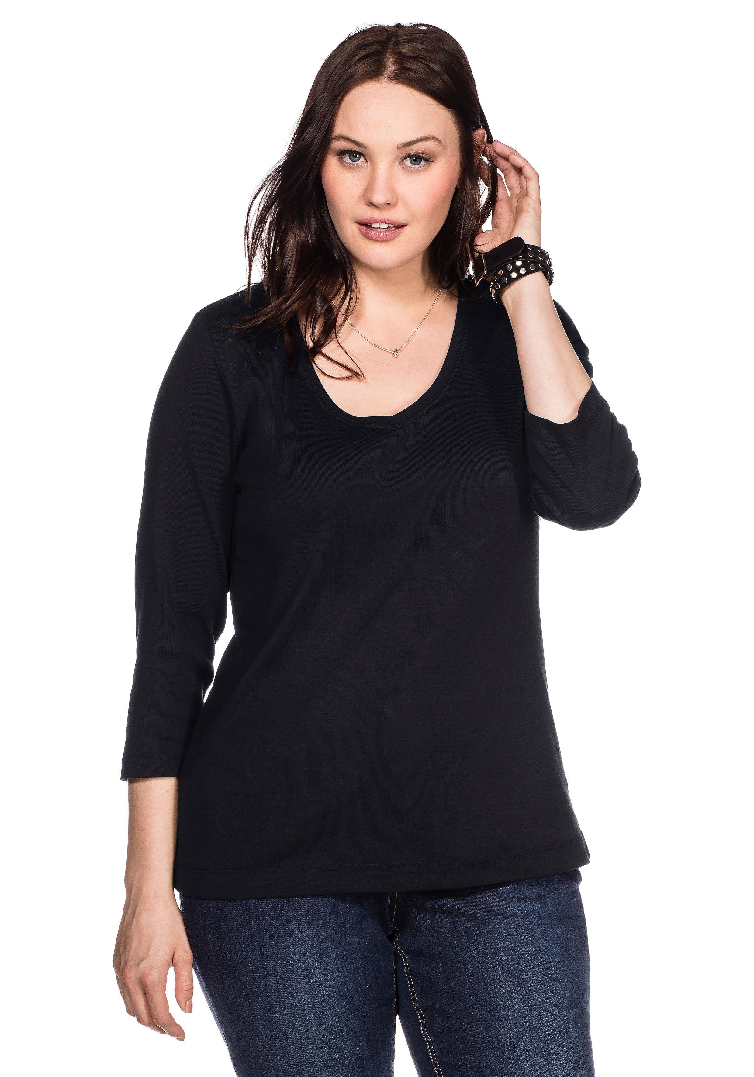 Shirt mit 3/4-Arm und sheego V-Ausschnitt, - schwarz Rippqualität in 