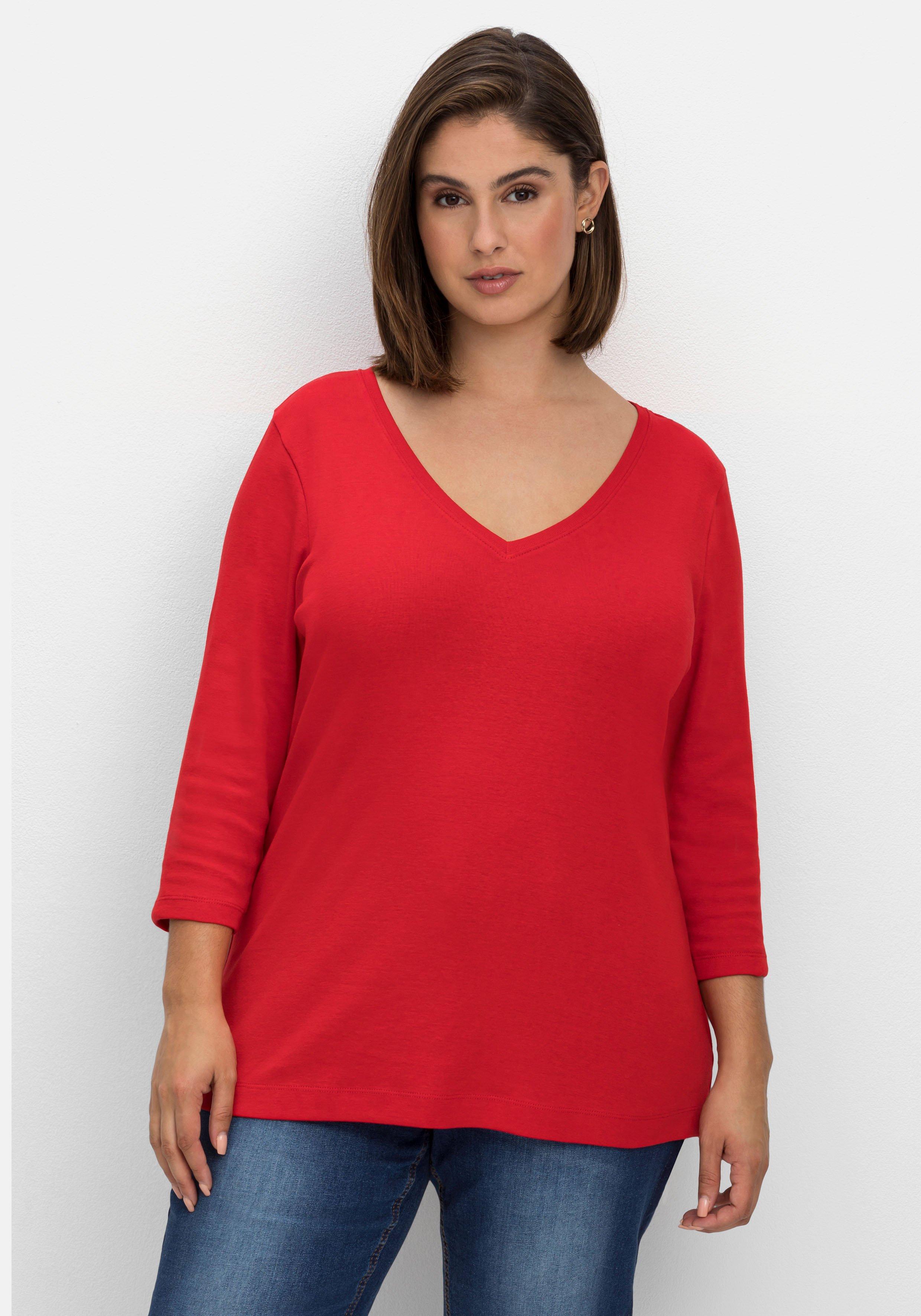 sheego Shirt mit 3/4-Arm und V-Ausschnitt, in Rippqualität - mohnrot sheego