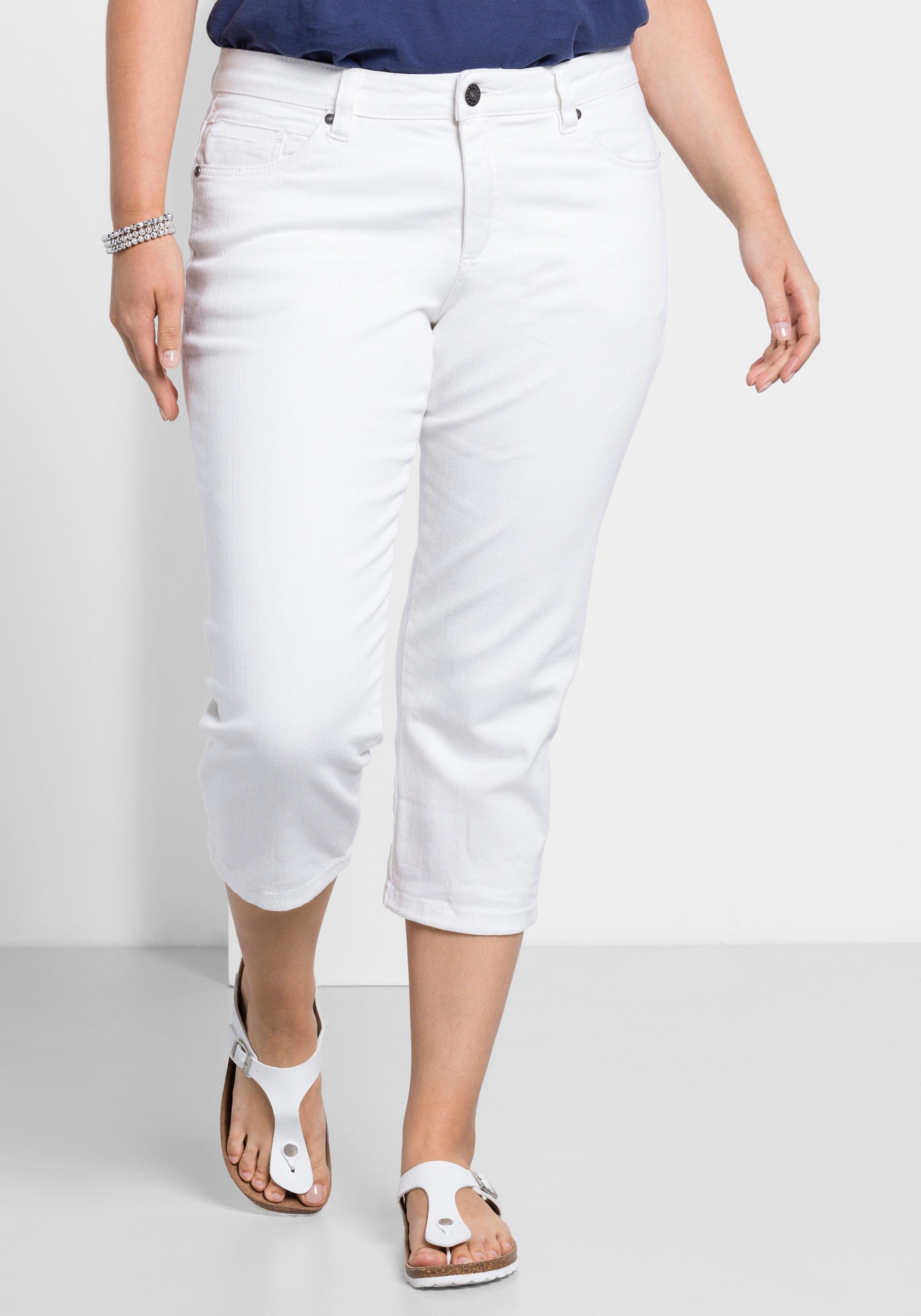 sheego Caprijeans mit Used-Effekten - white Denim sheego