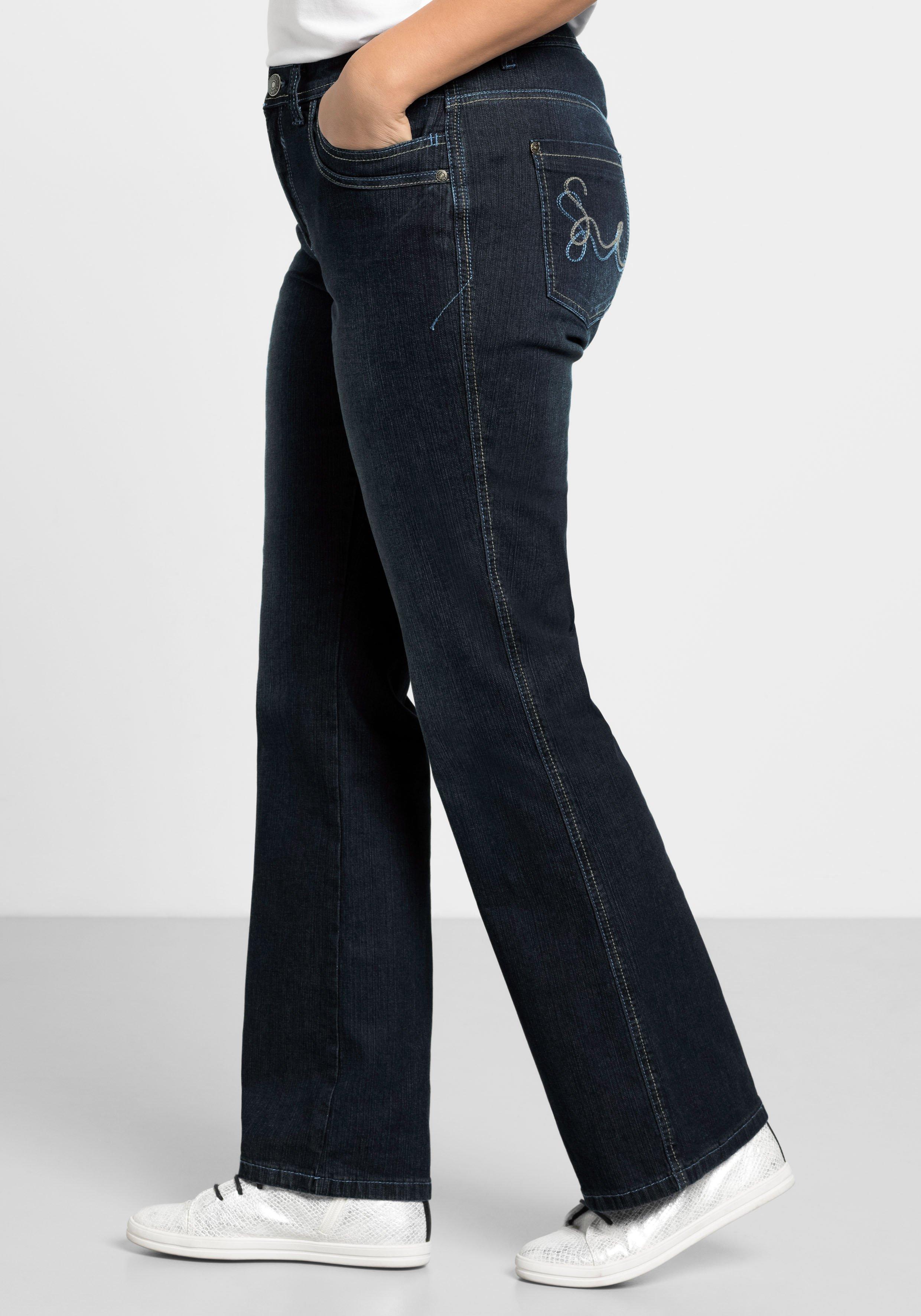 Bootcut-Jeans mit Used-Effekten - dark blue Denim | sheego