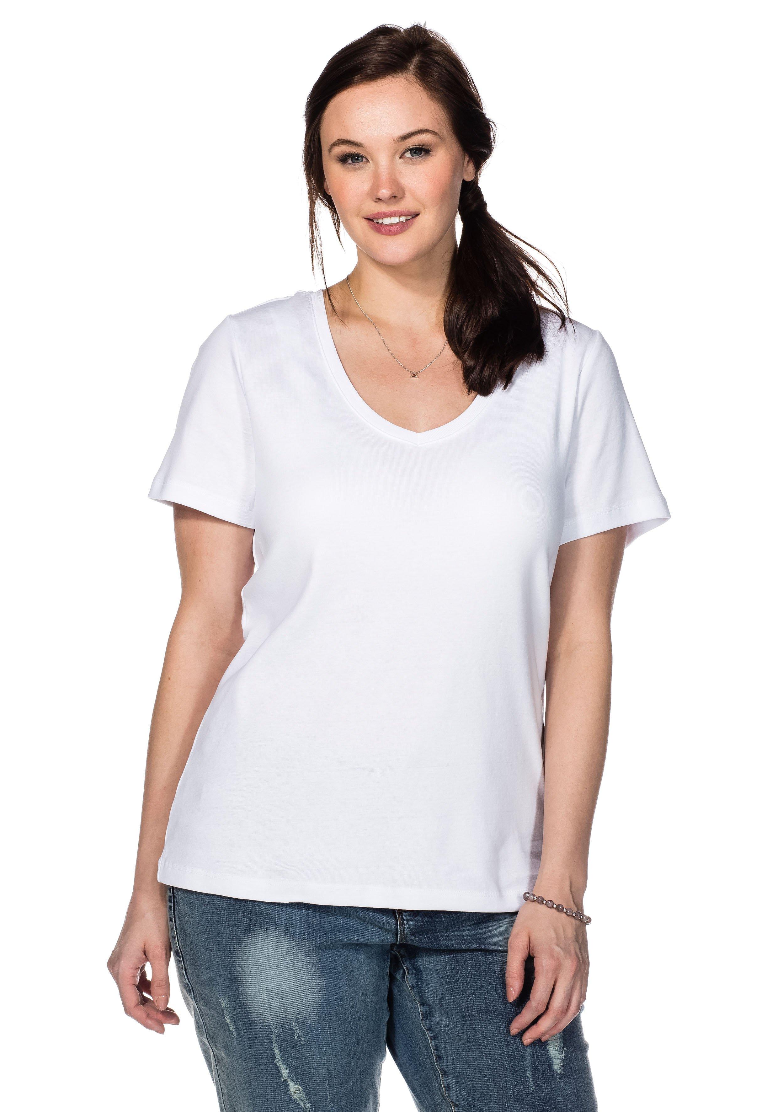 T-Shirt mit V-Ausschnitt, in Rippqualität sheego - | weiß