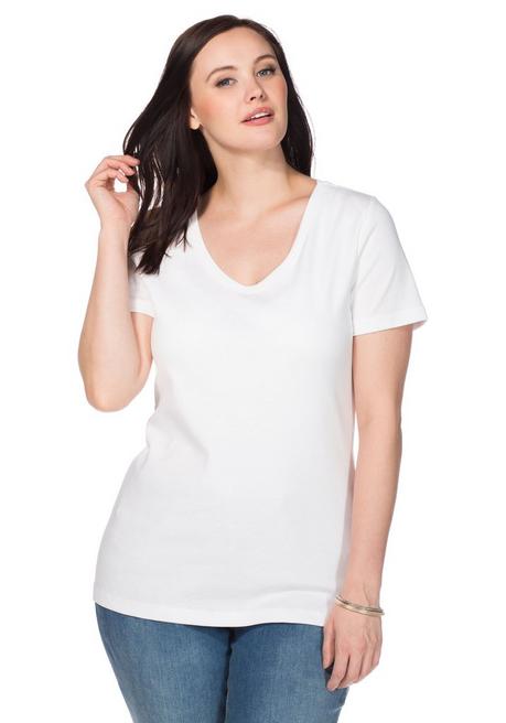 T-Shirt in Longform mit V-Ausschnitt, in Rippqualität - weiß - 40/42