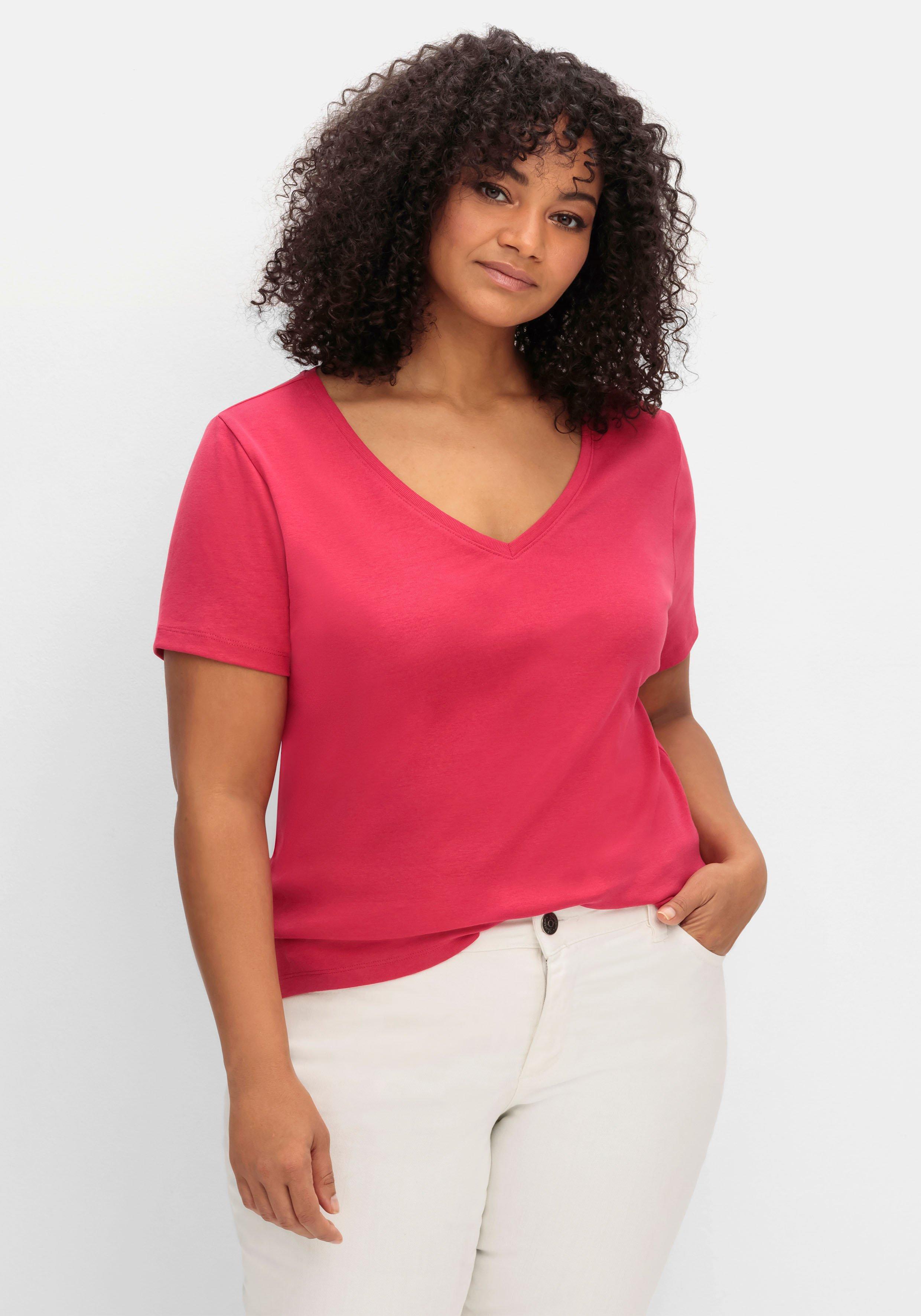 sheego T-Shirt mit V-Ausschnitt - magenta sheego