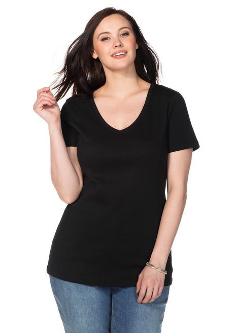T-Shirt in Longform mit V-Ausschnitt, in Rippqualität - schwarz - 40/42