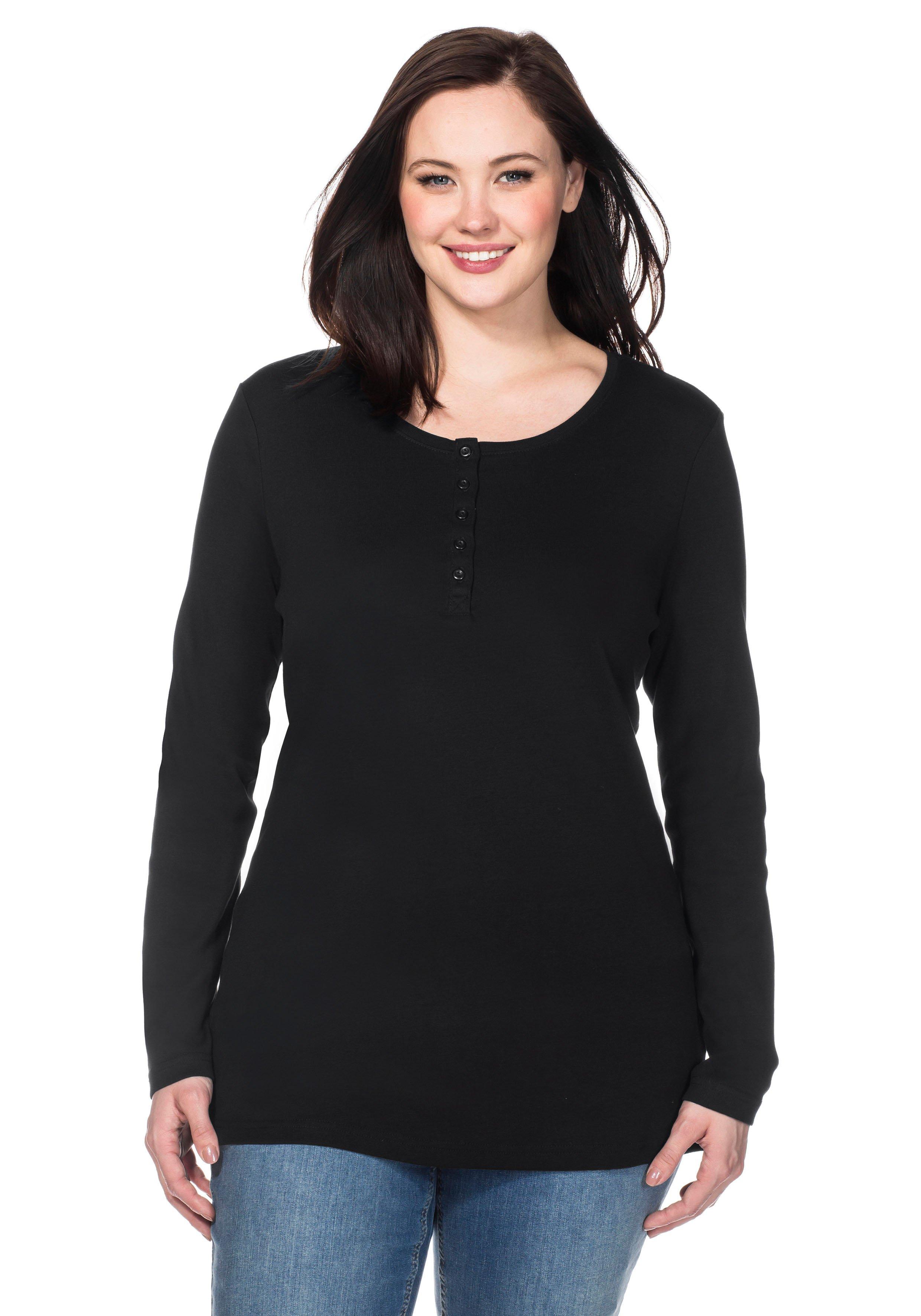 sheego Langarmshirt mit Knopfleiste - schwarz sheego