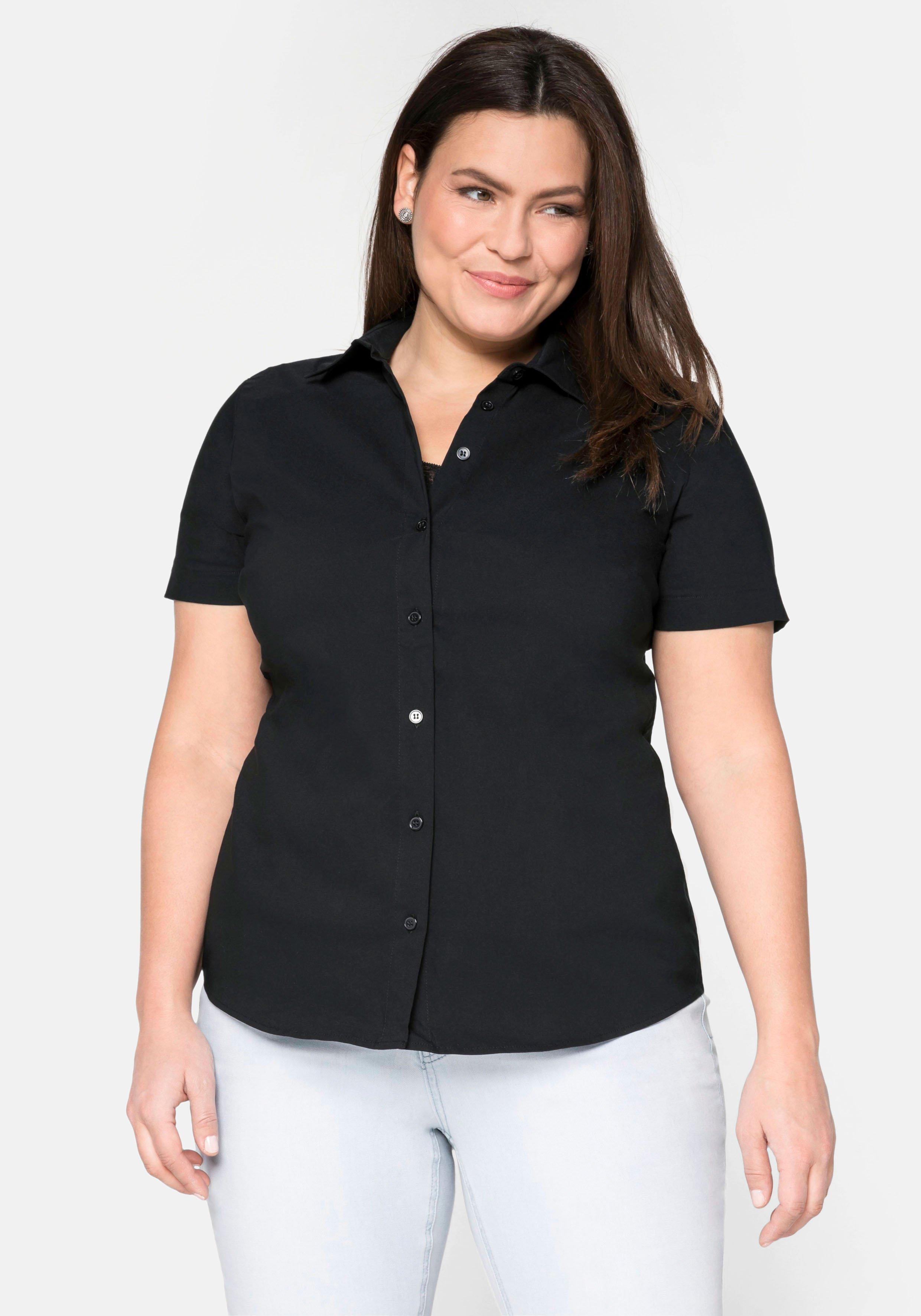 Stretch-Bluse mit kurzem Arm, leicht tailliert - schwarz | sheego