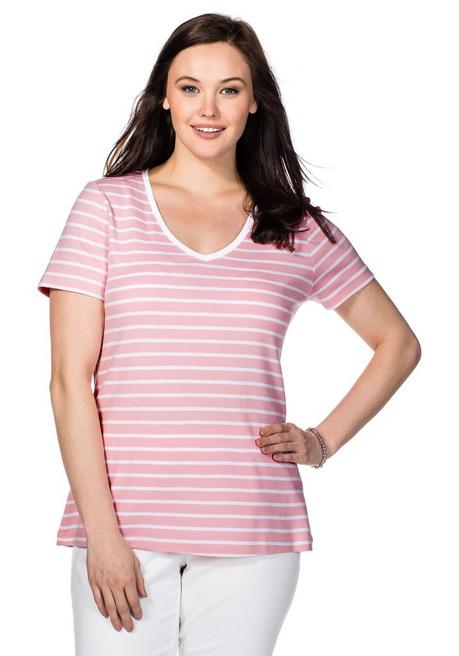 BASIC T-Shirt mit V-Ausschnitt - rosé-weiß - 40/42