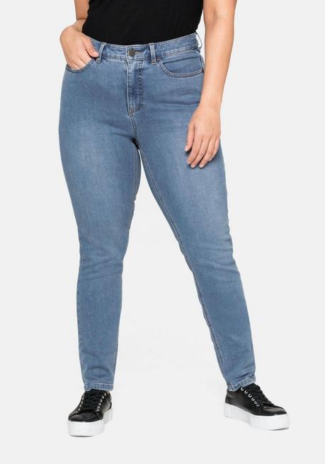 sheego Denim Stretch-Jeans Stickerein Jeans-Hose 5-Pocket-Jeans Kurzgrößen Blau 