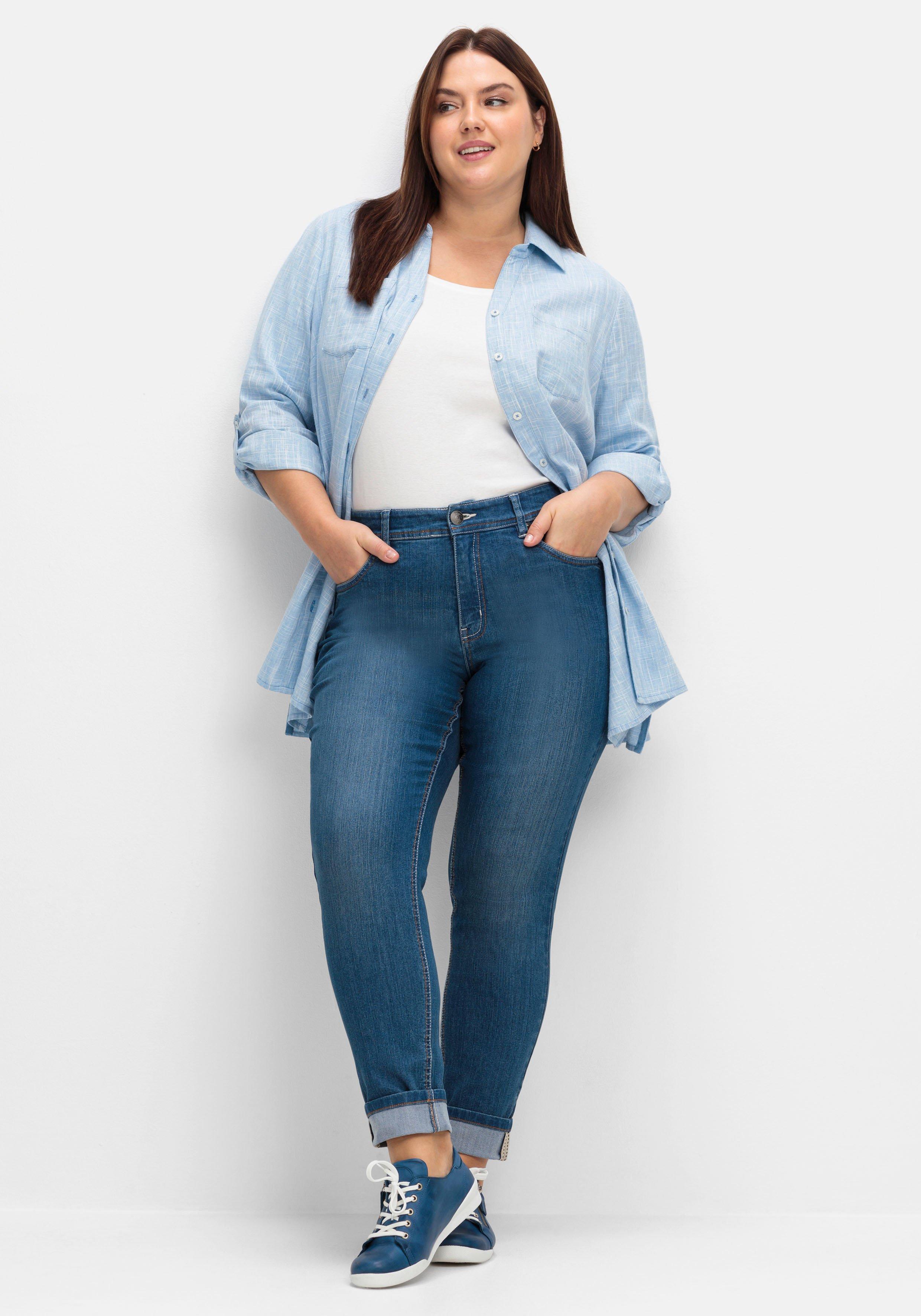 Schmale Jeans mit Kontrastnähten - blue Denim | sheego | Skinny Jeans