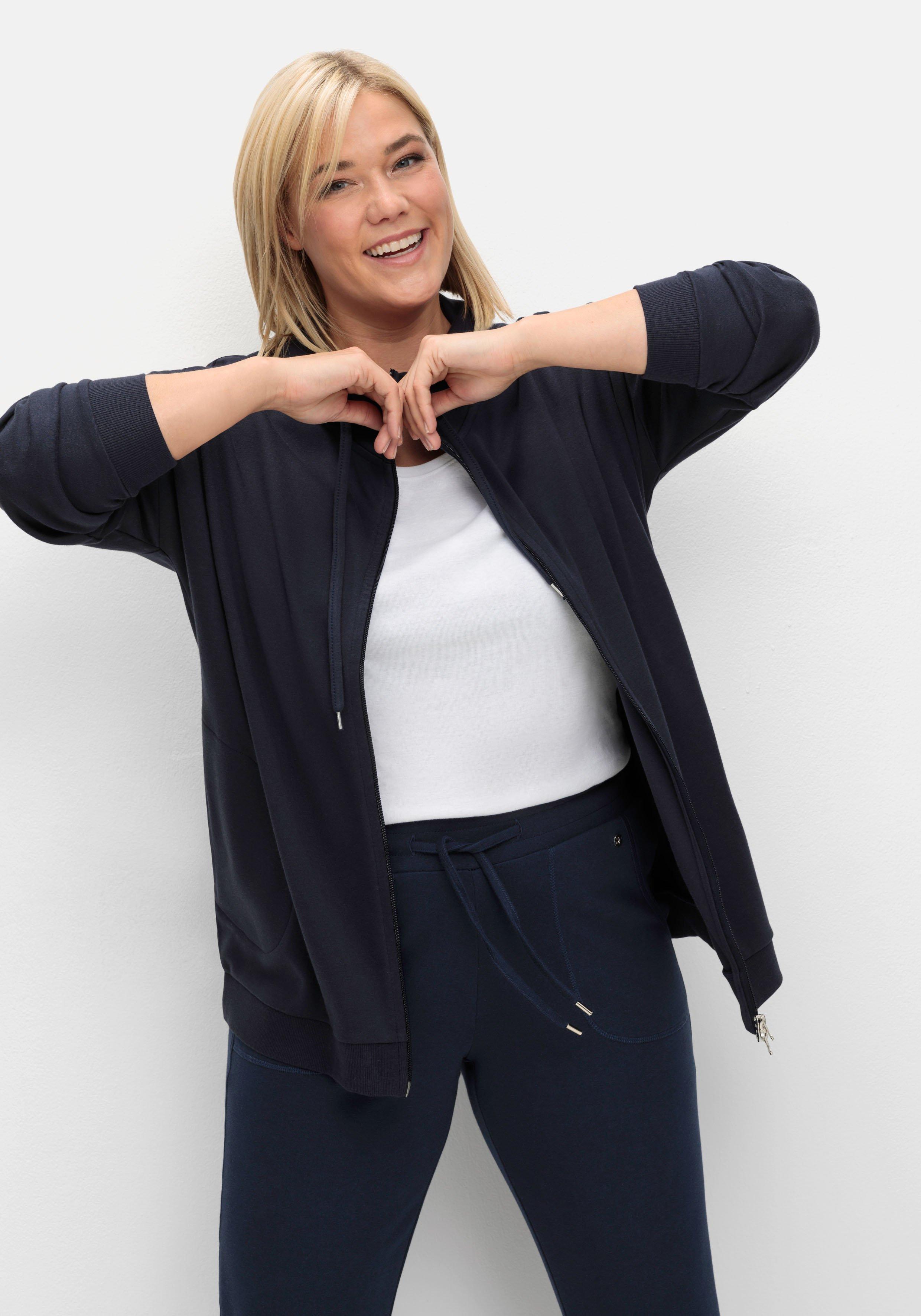 Sweatjacke mit Stehkragen und sheego - marine Bindeband 