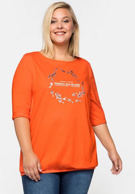 Shirt mit Glitzerfrontprint und Gummizugbund - orange - 44/46