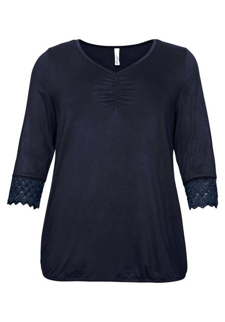 Shirt mit Spitze, Raffungen und V-Ausschnitt - nachtblau - 44/46