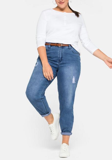 Mom-Jeans mit Destroyed-Effekten und Formbund - blue Denim - 40