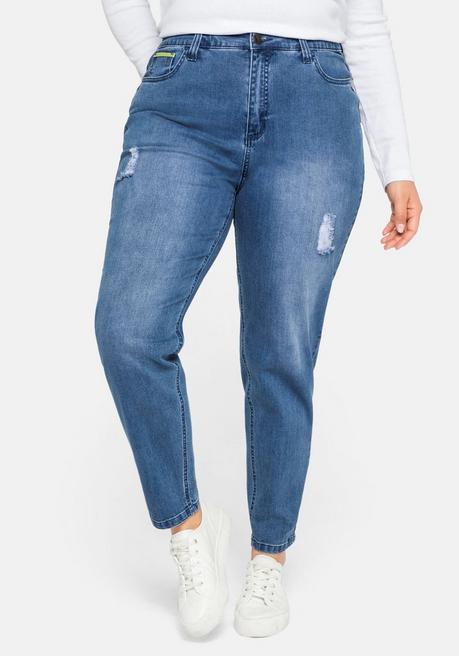 Mom-Jeans mit Destroyed-Effekten und Formbund - blue Denim - 40