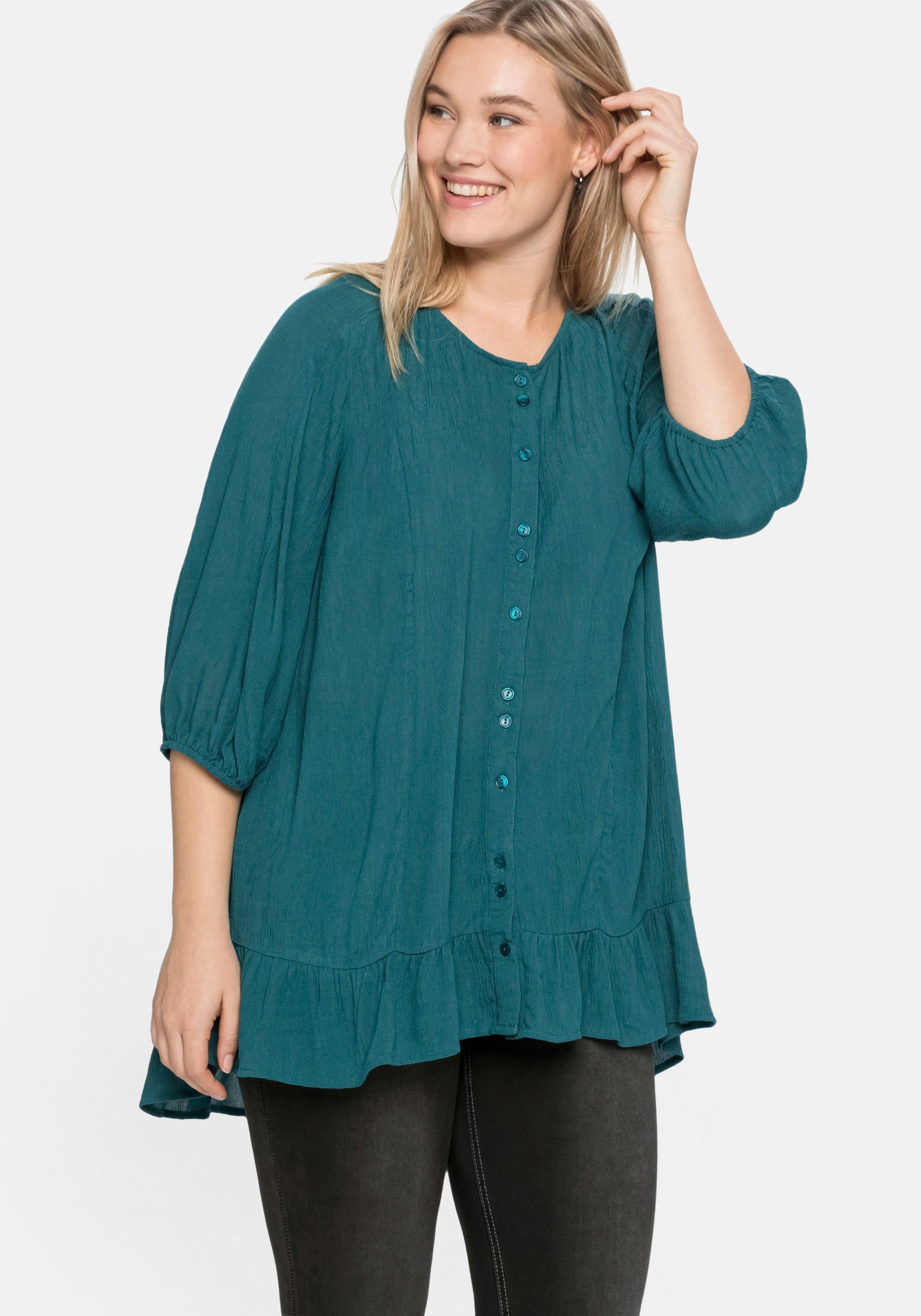 sheego Bluse aus Crêpe, mit Volants am Saum - dunkelpetrol sheego