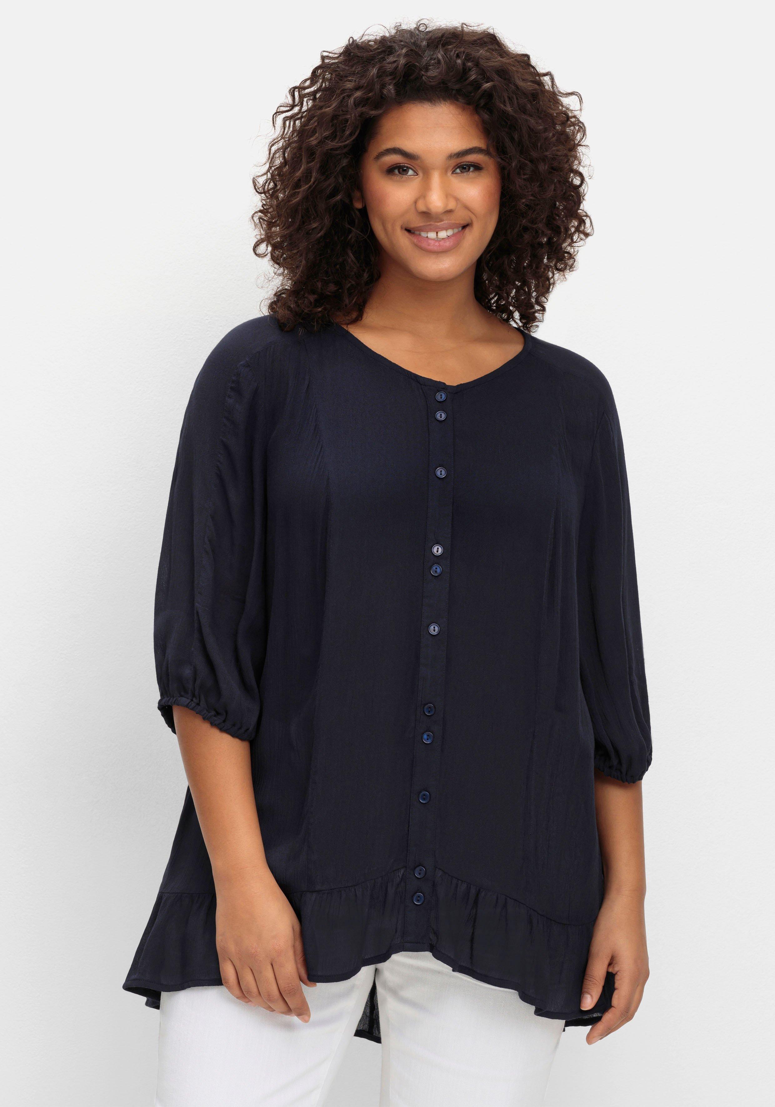 sheego Bluse aus Crêpe, mit Volants am Saum - tiefblau sheego