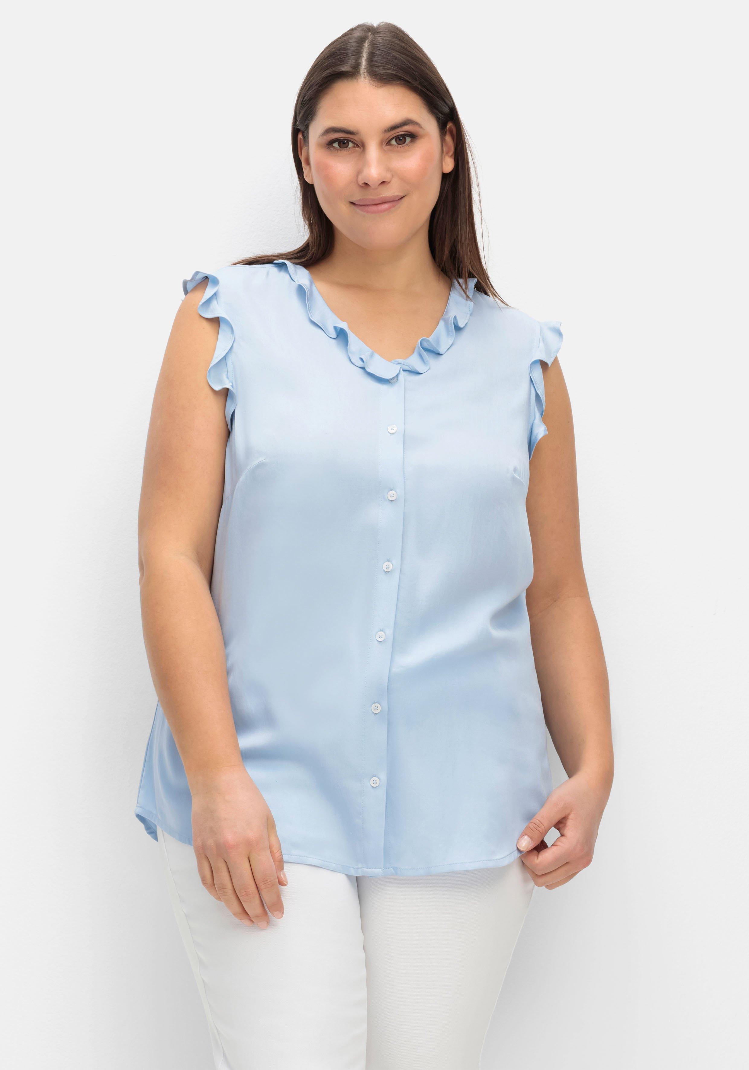 sheego Bluse in ärmelloser Form mit Volants, aus Viskose - mittelblau sheego