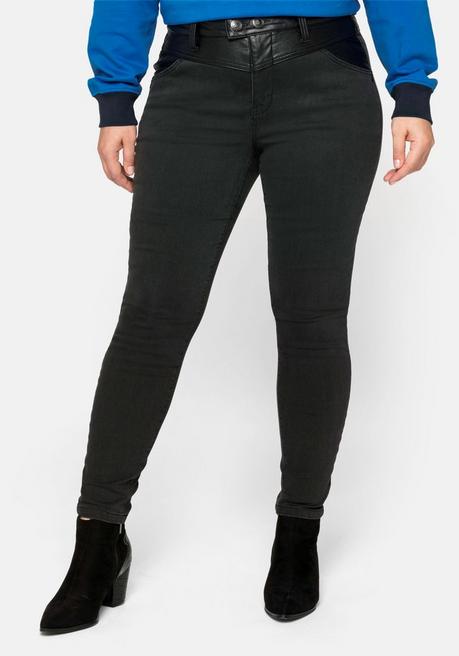Skinny Jeans in Ankle-Länge, mit Lederoptikeinsatz - black Denim - 44