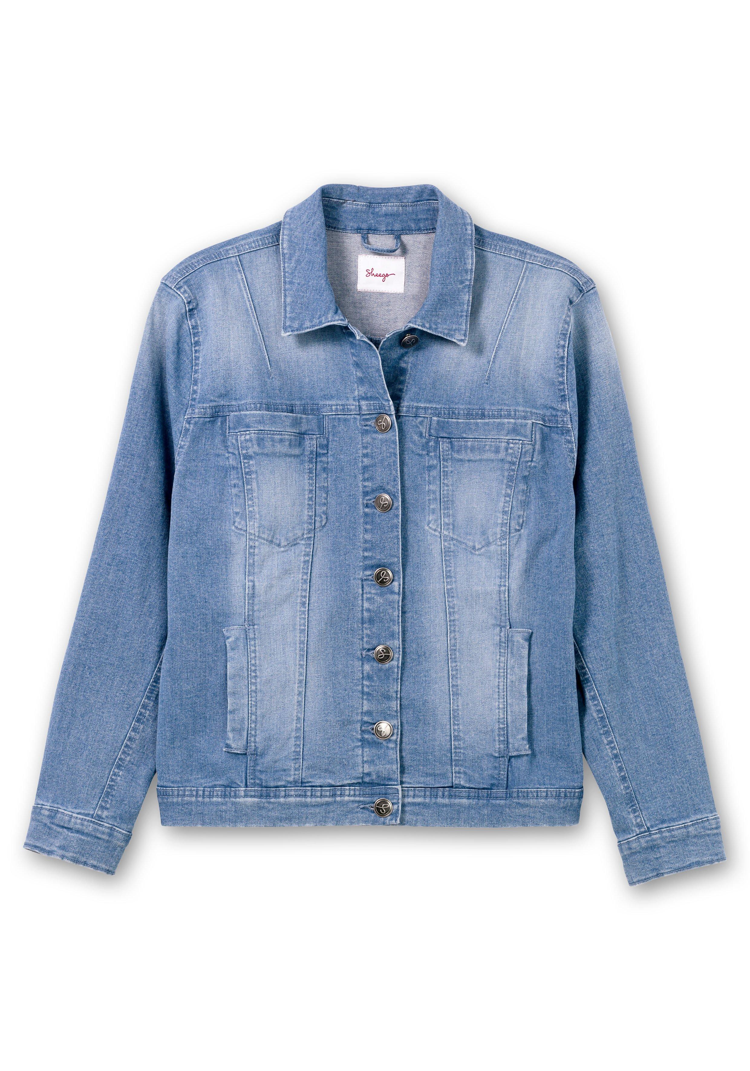 taillierte Denim sheego Blumenstickerei, mit - blue Form Jeansjacke |