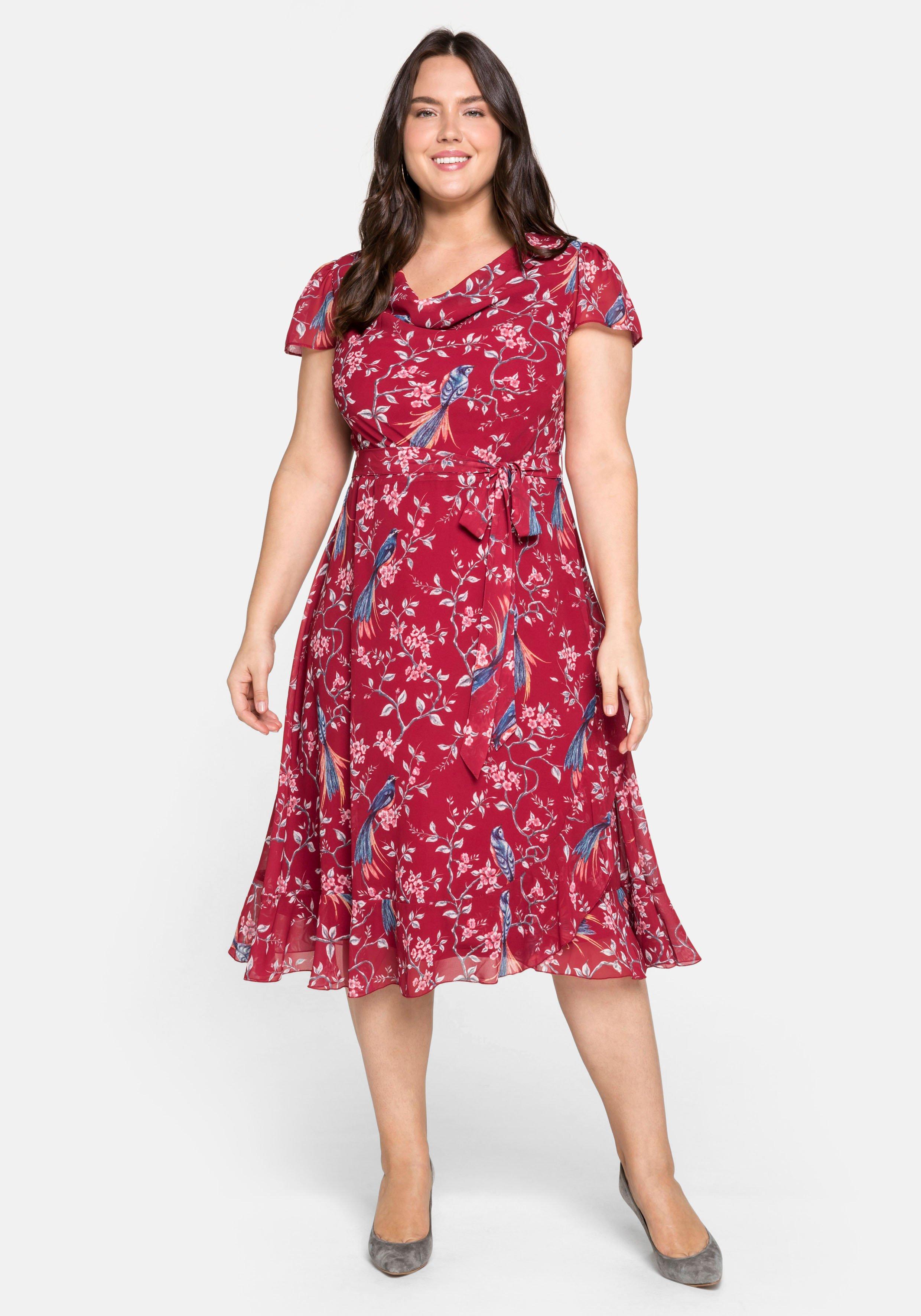 sheego by Joe Browns Chiffonkleid mit Blumenprint und Wasserfallkragen - karminrot bedruckt sheego