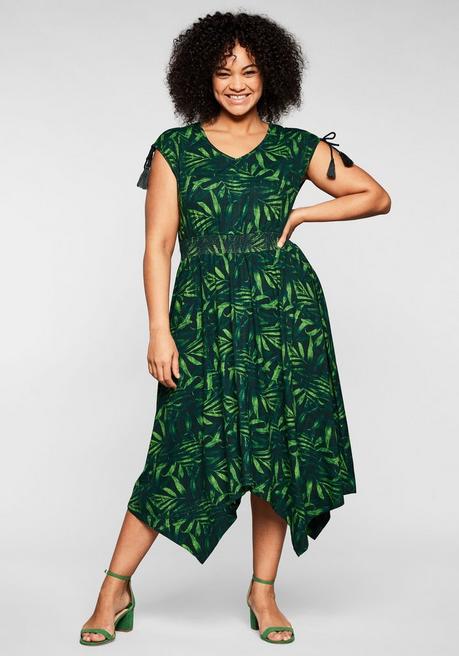 Jerseykleid mit Palmendruck, in Zipfelform - grün bedruckt - 44