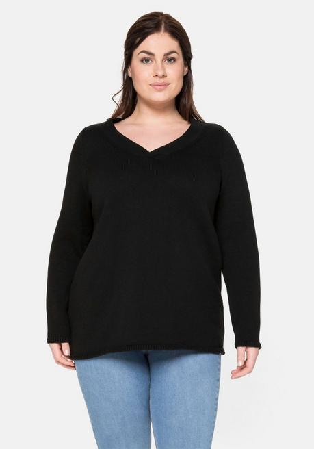Pullover mit V-Ausschnitt und breiter Blende - schwarz - 48/50