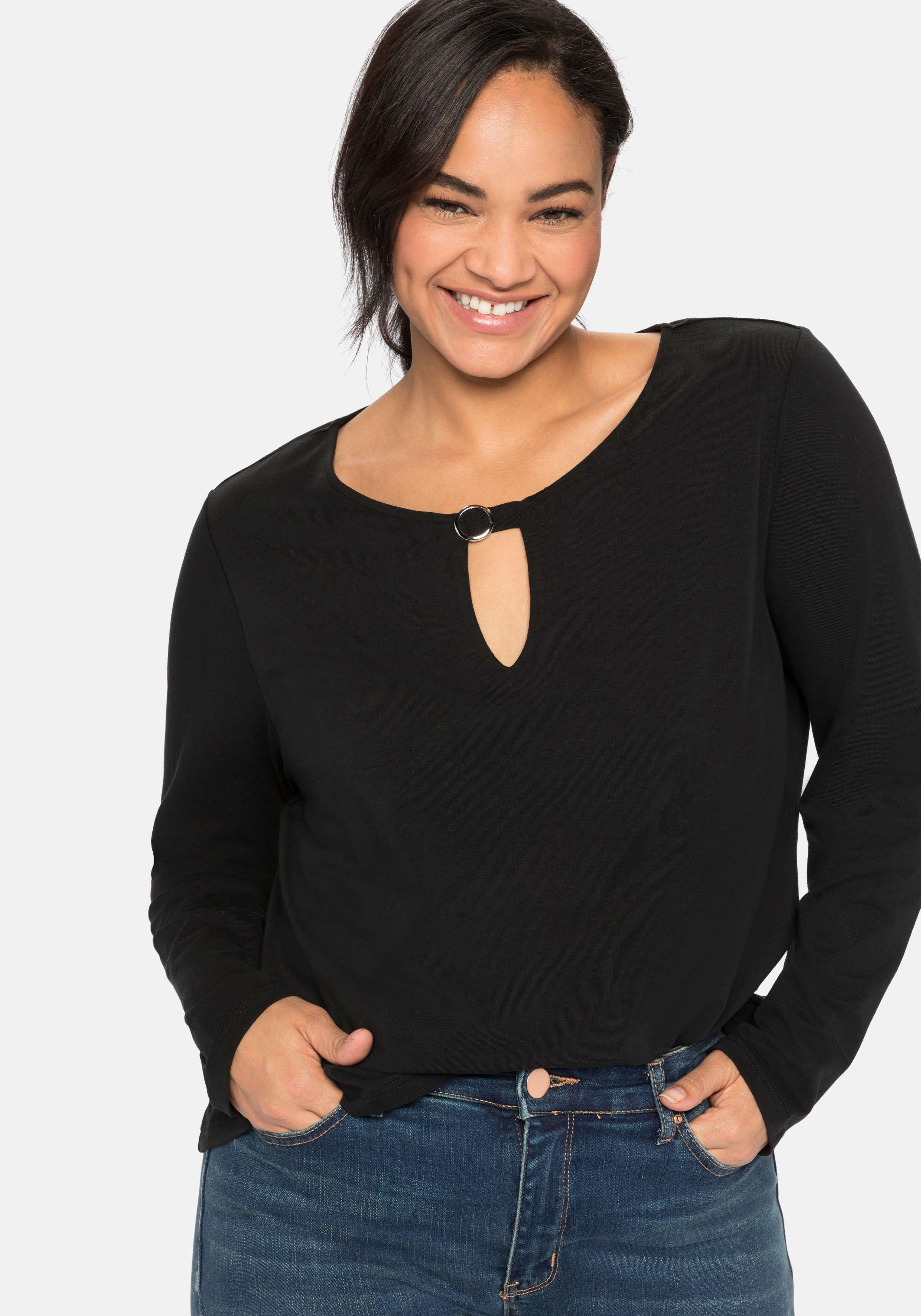 - mit Cut-out | und Zierschnalle sheego Langarmshirt schwarz