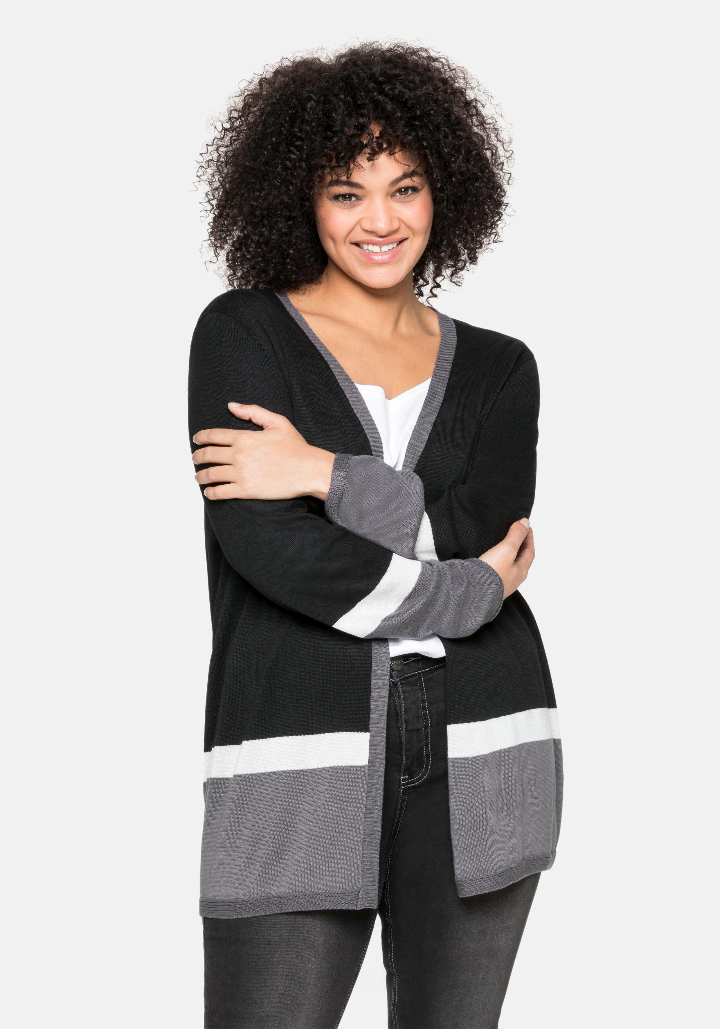 sheego Strickjacke im Colourblocking-Stil, in offener Form - schwarz sheego