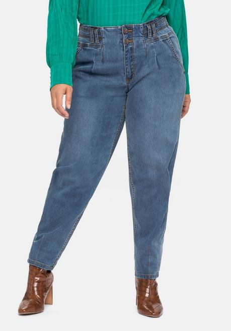 Mom-Jeans OLIVIA mit Bundfalten und Kontrastnähten - blue used Denim - 40