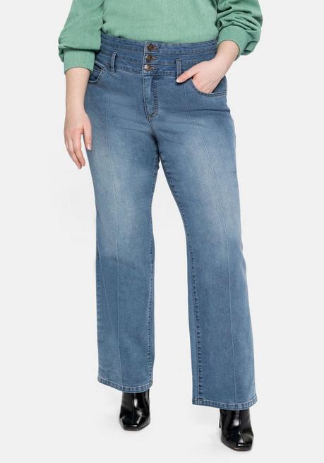 Weite Jeans mit High-Waist-Bund und Bügelfalte - blue used Denim - 40