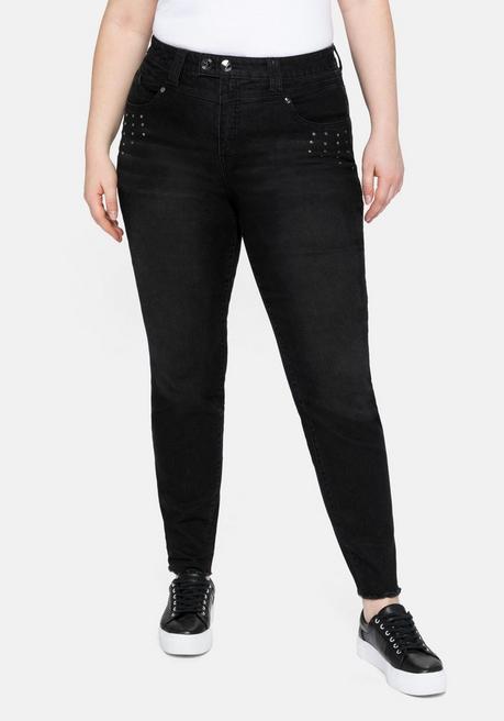Skinny Jeans mit Fransensaum und Ziernieten - black Denim - 40