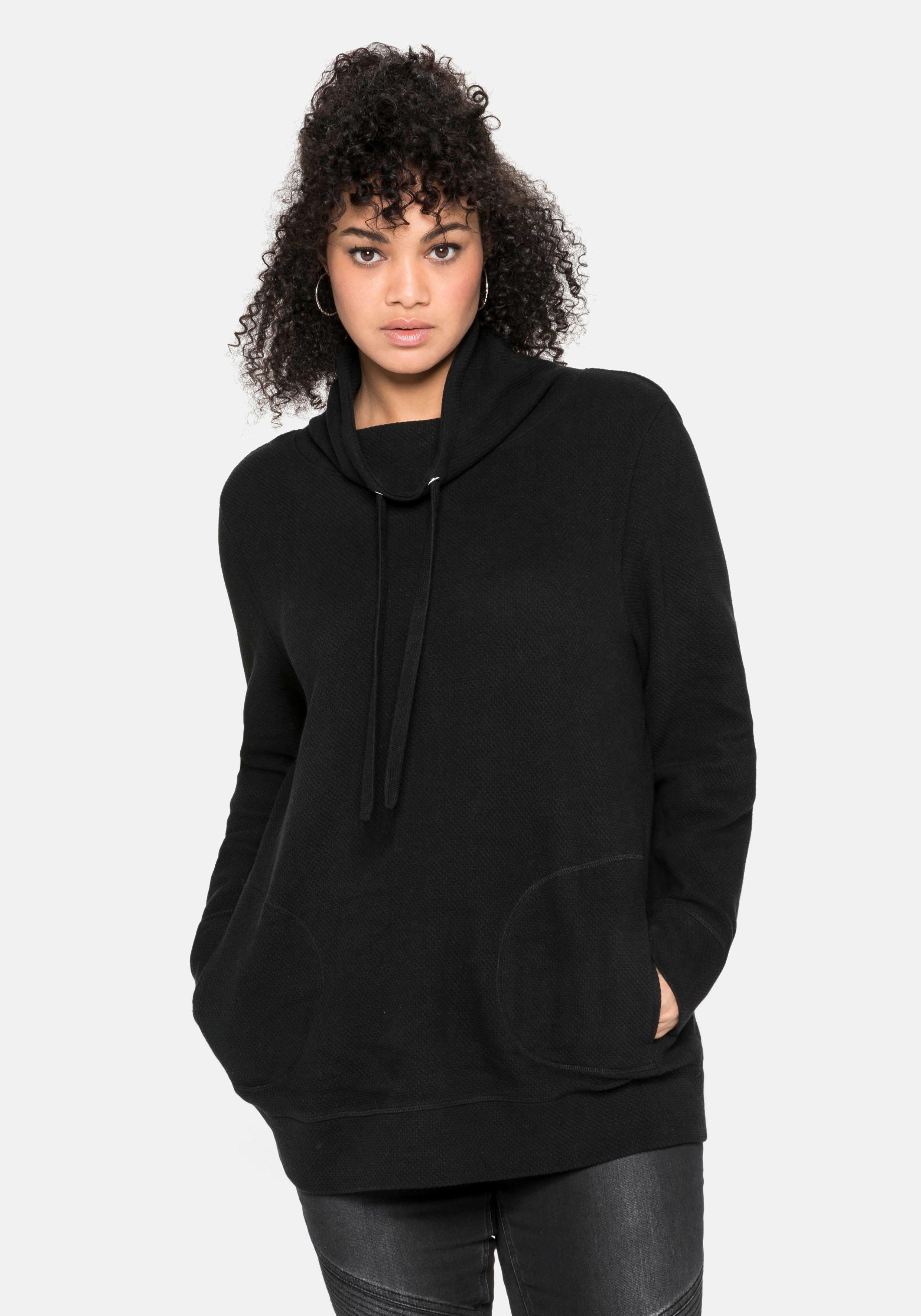 sheego Sweatshirt mit Stehkragen, in Waffelpiqué-Optik - schwarz sheego