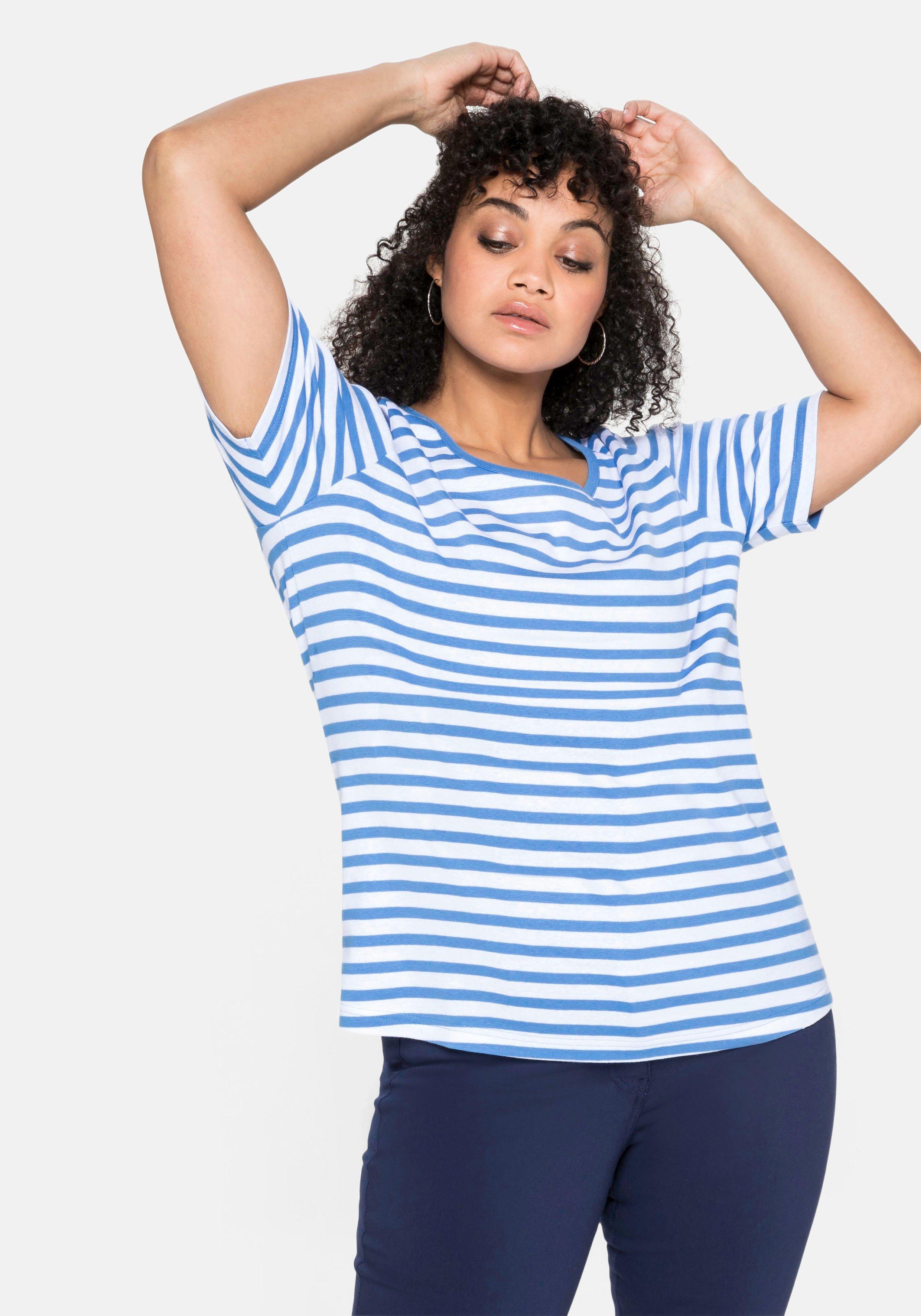 T-Shirt mit Streifen und sheego Rundhalsausschnitt - | jeansblau-weiß