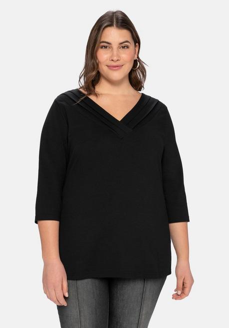 Shirt mit V-Ausschnitt und dekorativer Blende - schwarz - 40/42