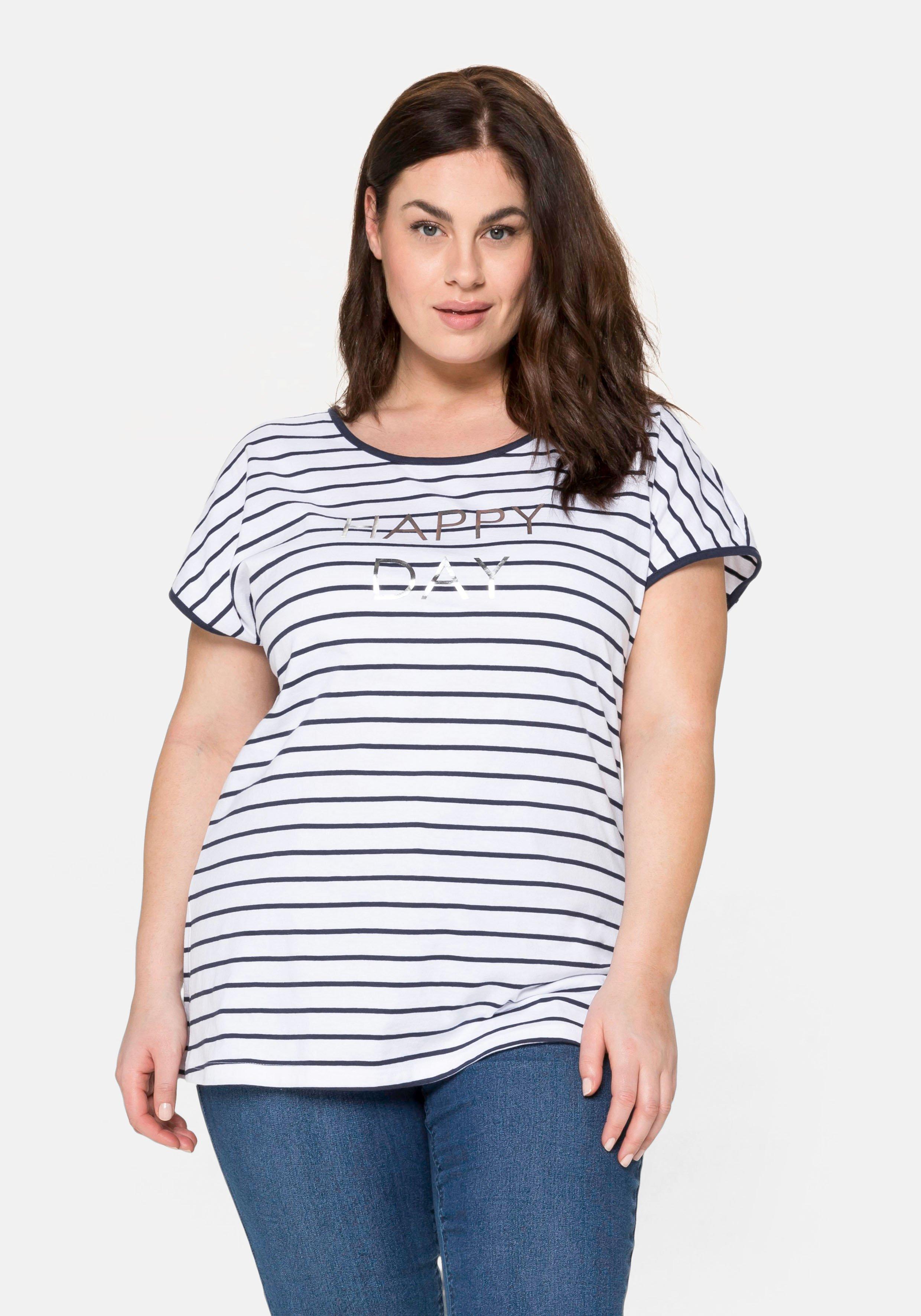 sheego T-Shirt mit Ringeln und Statement-Foliendruck - weiß-marine sheego