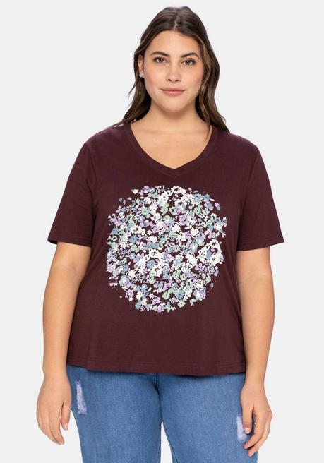 T-Shirt mit V-Ausschnitt und Blumendruck - burgund - 40/42