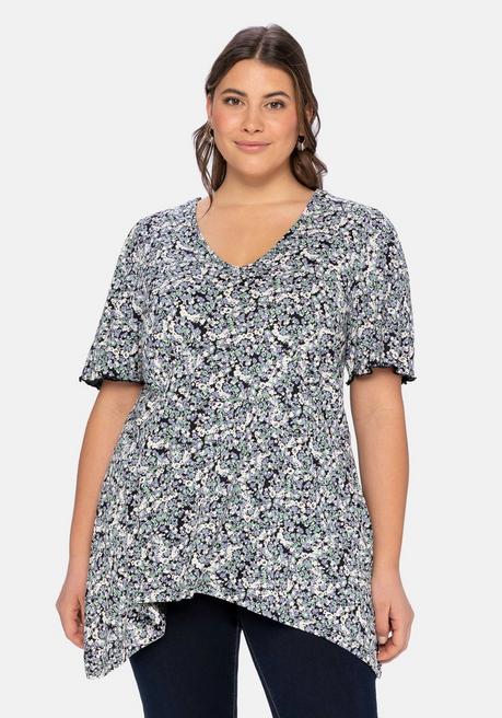 Shirt mit floralem Alloverdruck, in zipfeliger Longform - schwarz bedruckt - 40/42