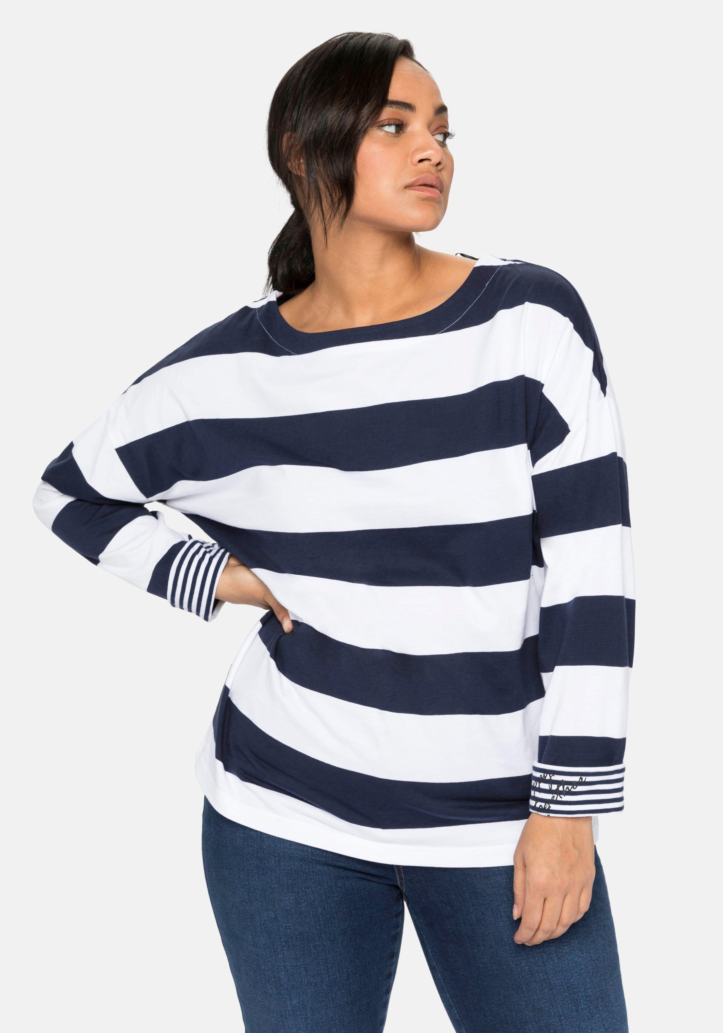 sheego Langarmshirt mit Blockstreifen und U-Boot-Ausschnitt - marine sheego