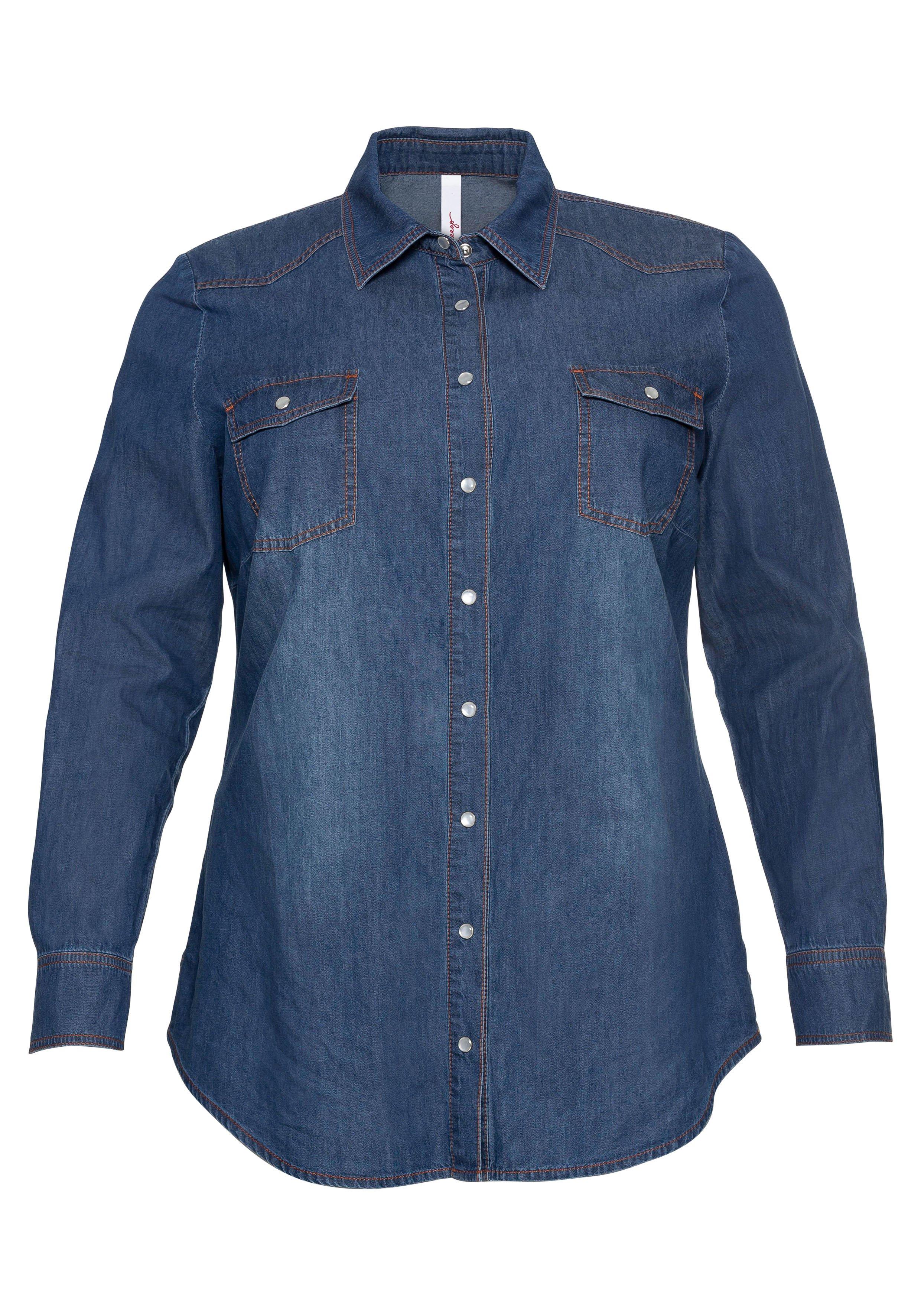 T-Shirt mit Streifen und Rundhalsausschnitt - jeansblau-weiß | sheego