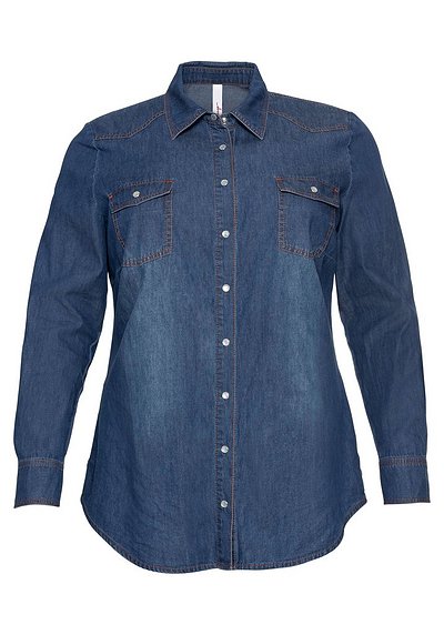 und - sheego Rundhalsausschnitt mit jeansblau-weiß Streifen | T-Shirt