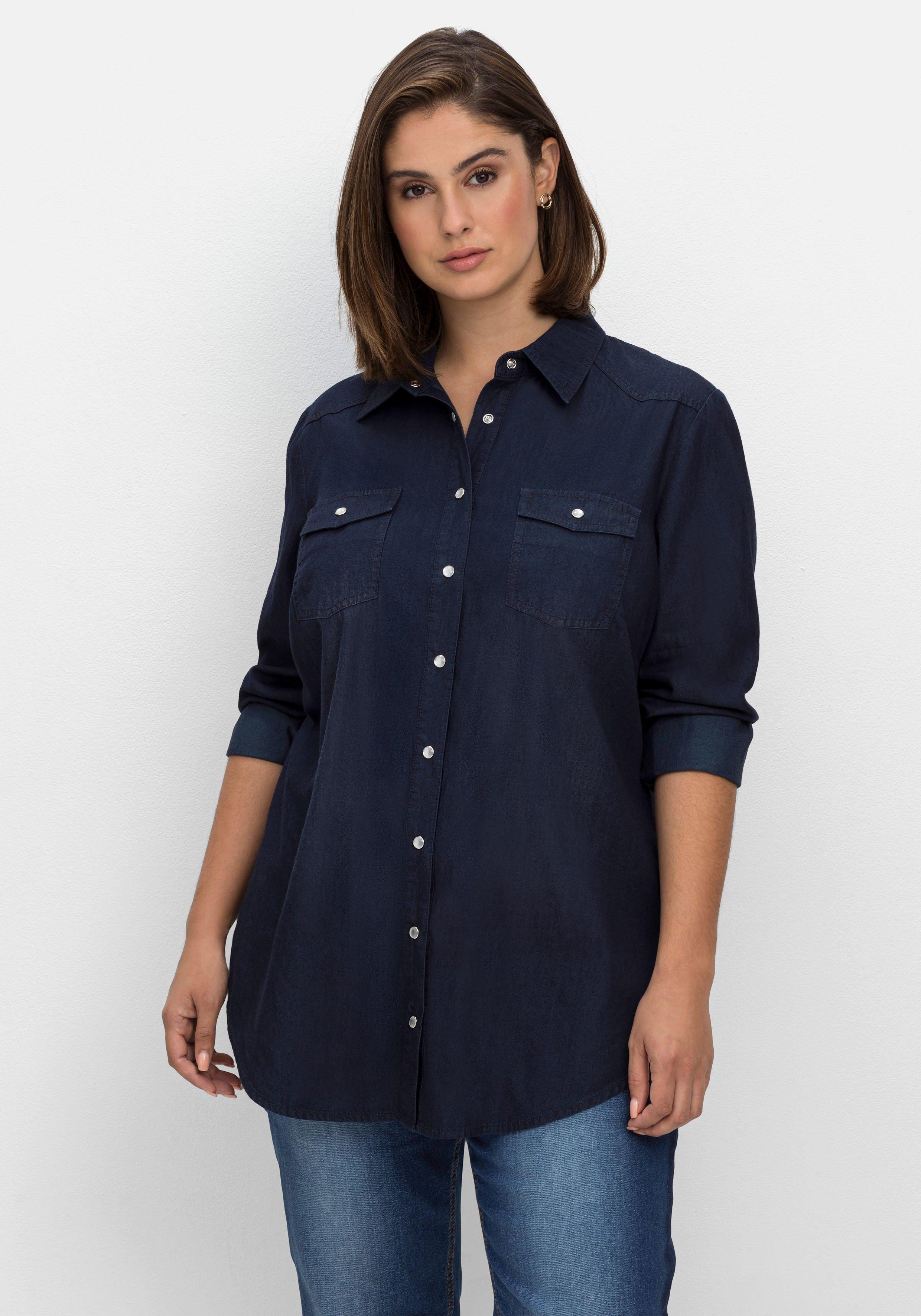 Jeansbluse mit Knopfleiste und Brusttaschen - dark blue Denim | sheego