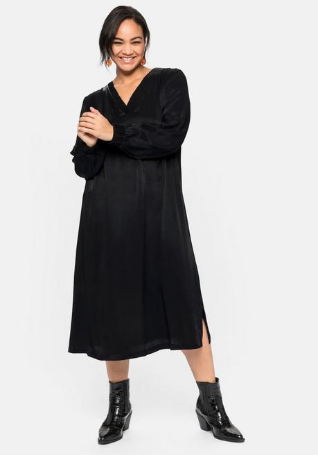 Kleid mit V-Ausschnitt und Lederimitateinsatz - schwarz - 40
