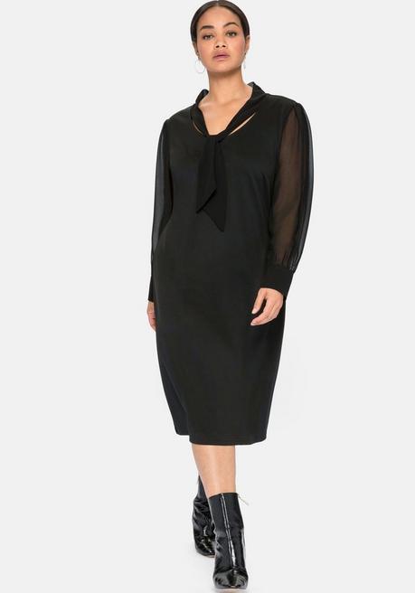 Jerseykleid mit Schluppe und Chiffonärmeln - schwarz - 40